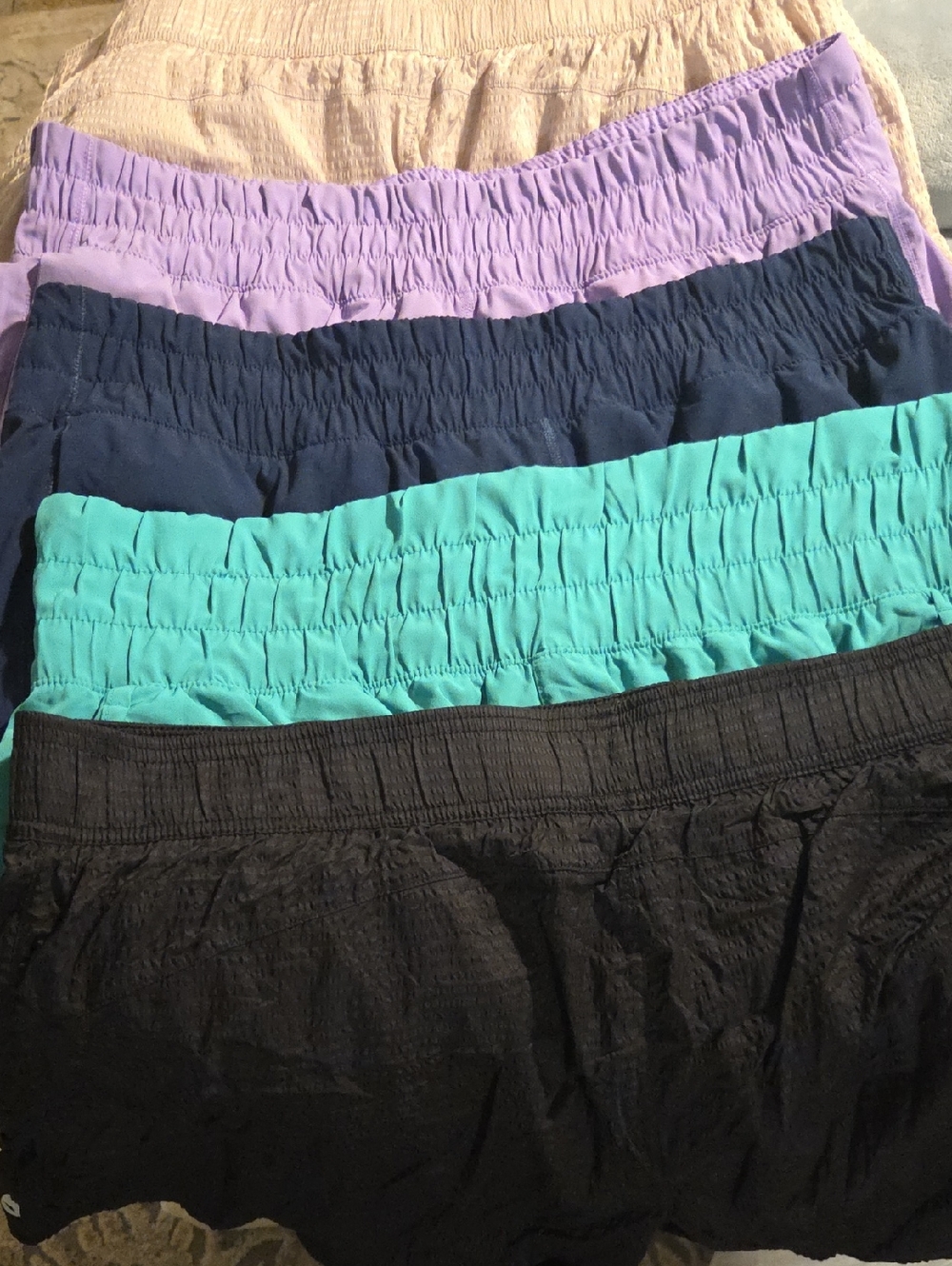 5 PairWomens Elastic Waist Shorts- Blk,Teal,Navy Lav., Cream,AVIA and Memb. Mark